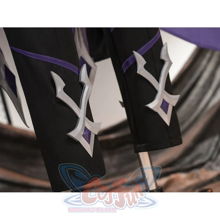 Genshin Impact Pantalone cosplay costume pants cuffs anchor silver-tone motifs below purple leg trim.