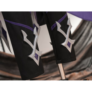 Genshin Impact Pantalone cosplay costume pants cuffs anchor silver-tone motifs below purple leg trim.