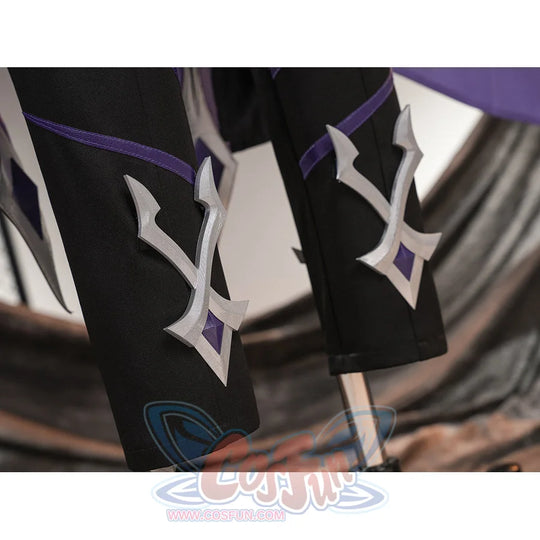 Genshin Impact Pantalone cosplay costume pants cuffs anchor silver-tone motifs below purple leg trim.