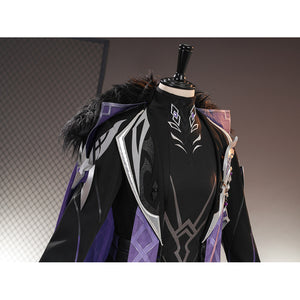 Genshin Impact Pantalone cosplay costume shoulder collar angles around black chest embroidery and purple lining.