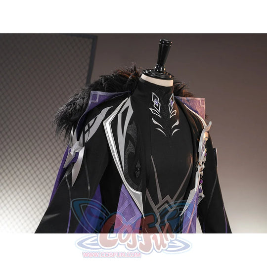 Genshin Impact Pantalone cosplay costume shoulder collar angles around black chest embroidery and purple lining.