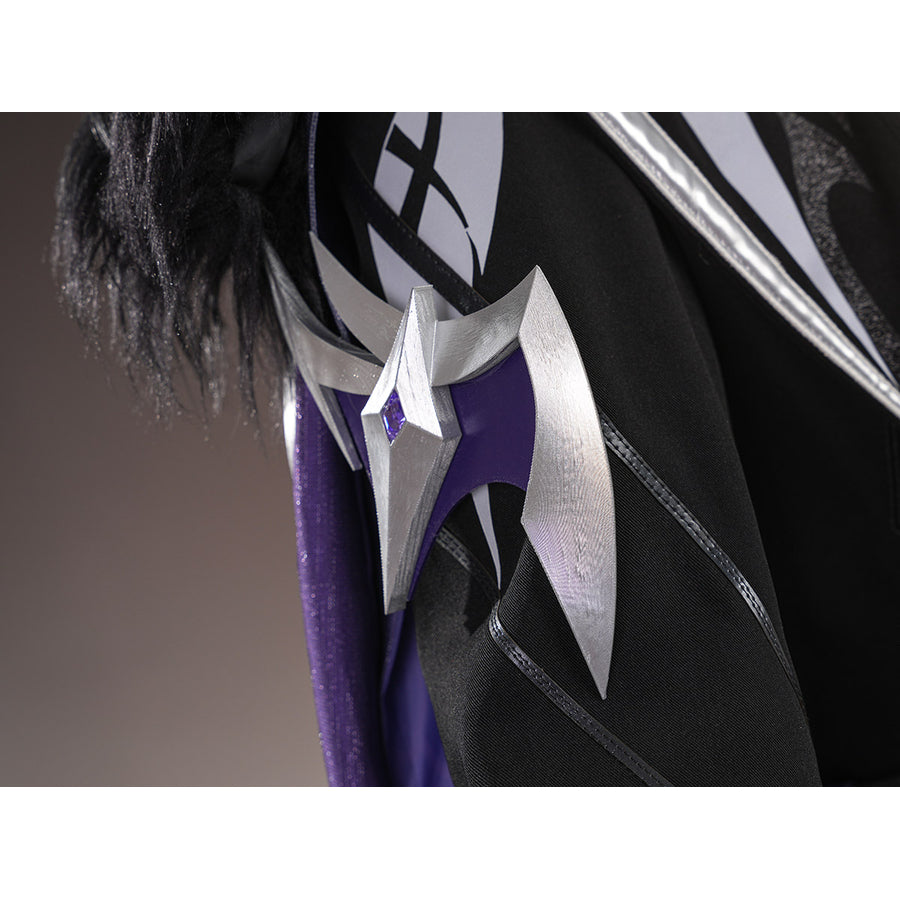 Genshin Impact Pantalone cosplay costume shoulder ornament anchors silver-tone wing shapes over black fabric.