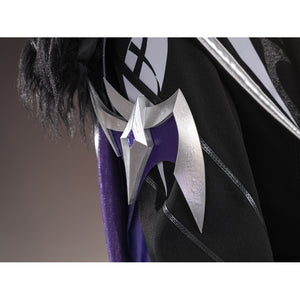 Genshin Impact Pantalone cosplay costume shoulder ornament anchors silver-tone wing shapes over black fabric.