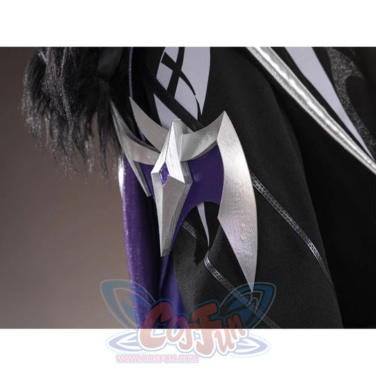 Genshin Impact Pantalone cosplay costume shoulder ornament anchors silver-tone wing shapes over black fabric.