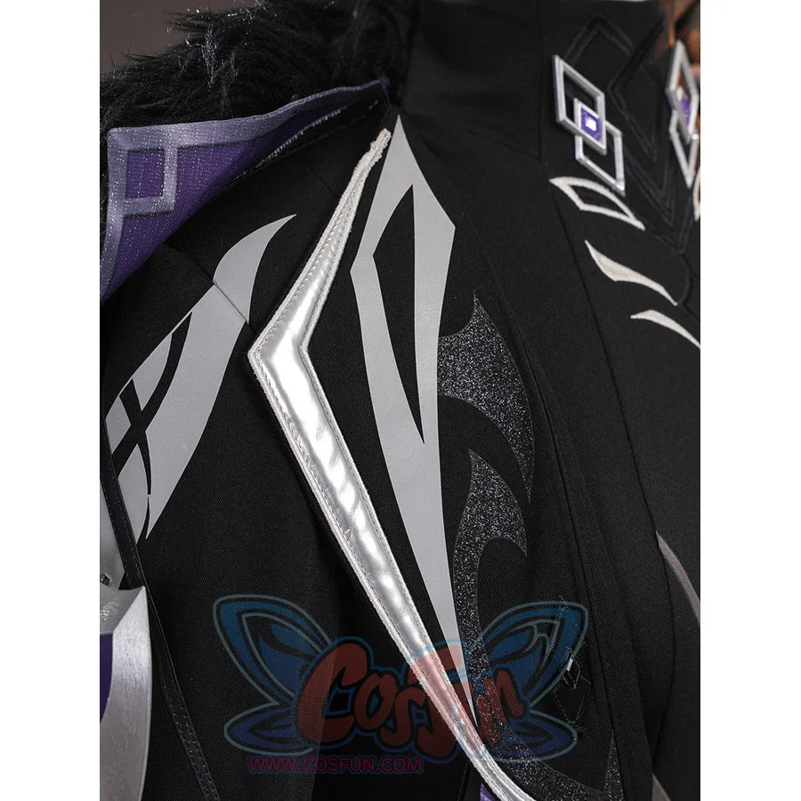 Genshin Impact Pantalone cosplay costume shoulder panel sets silver-tone edging against black patterned fabric.