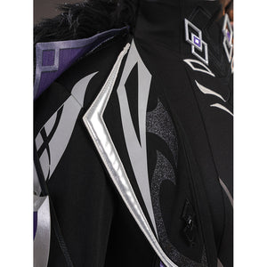 Genshin Impact Pantalone cosplay costume shoulder panel sets silver-tone edging against black patterned fabric.