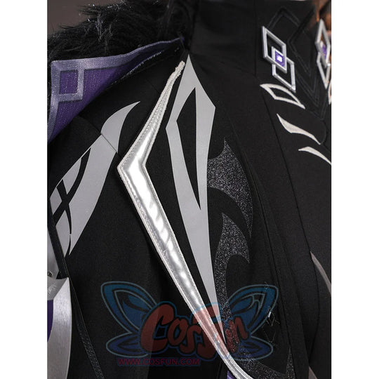 Genshin Impact Pantalone cosplay costume shoulder panel sets silver-tone edging against black patterned fabric.