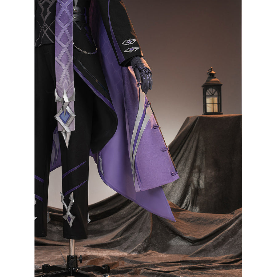Genshin Impact Pantalone cosplay costume side view layers purple cape panels beside black coat drapes.