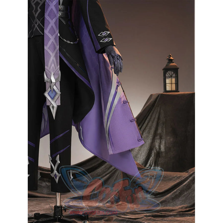 Genshin Impact Pantalone cosplay costume side view layers purple cape panels beside black coat drapes.