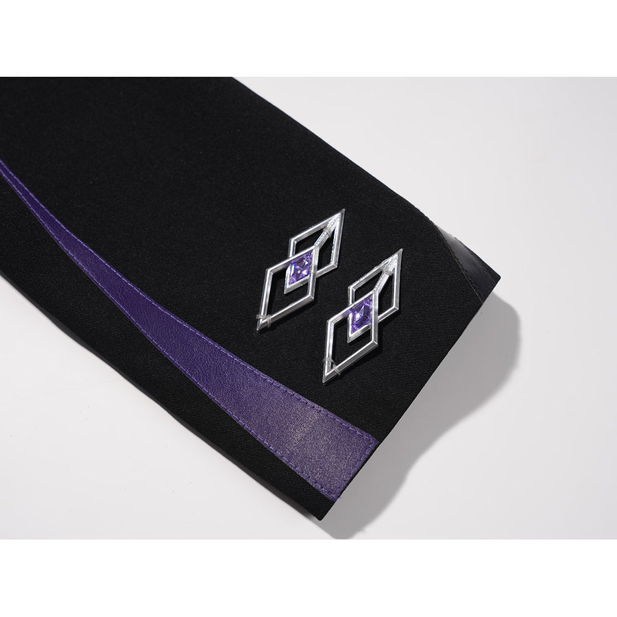 Genshin Impact Pantalone cosplay costume sleeve cuff lays purple trim beside diamond-shaped emblems.