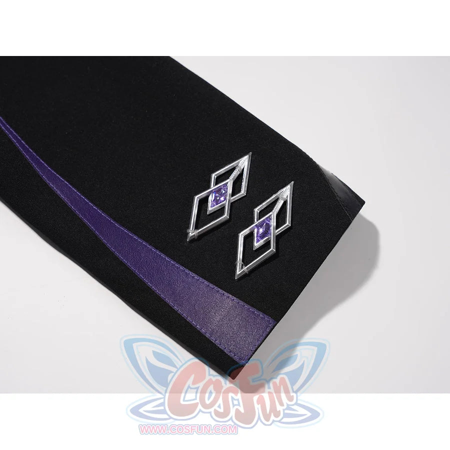 Genshin Impact Pantalone cosplay costume sleeve cuff lays purple trim beside diamond-shaped emblems.