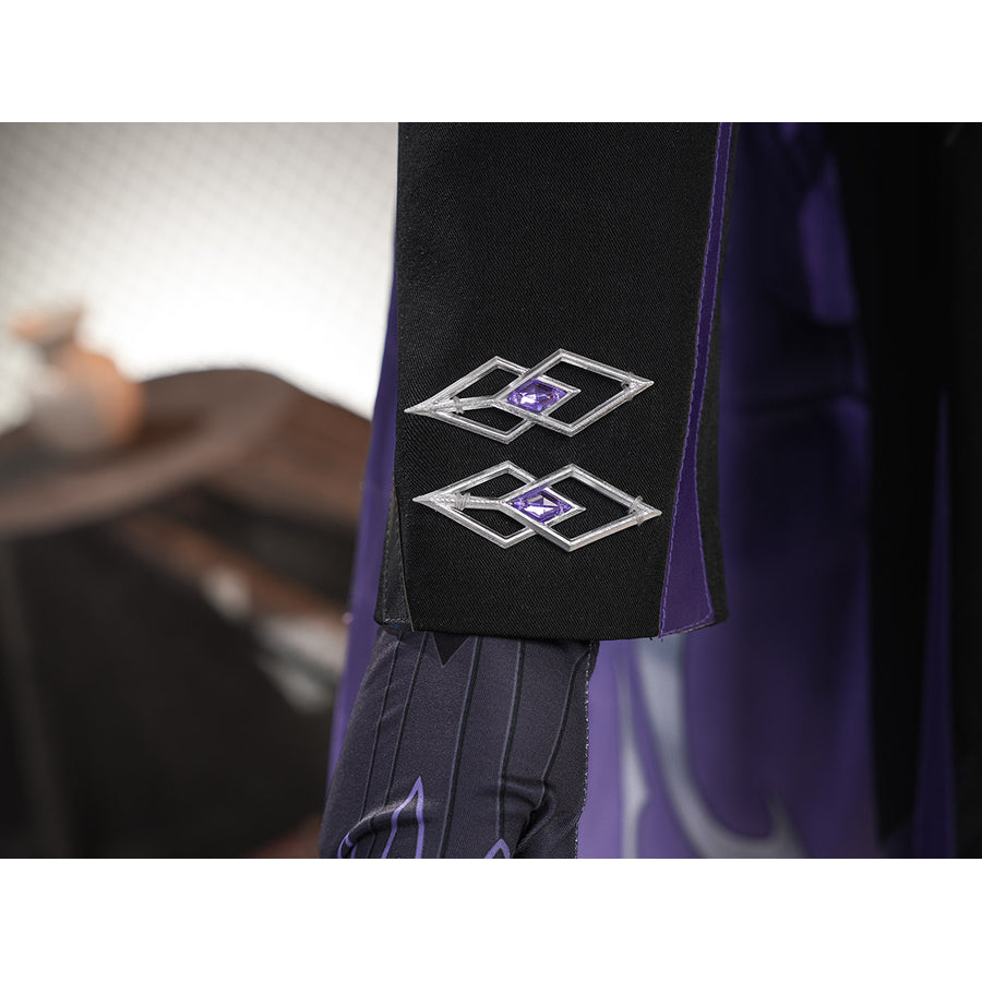Genshin Impact Pantalone cosplay costume sleeve cuff centers purple piping and double diamond-shaped emblems.
