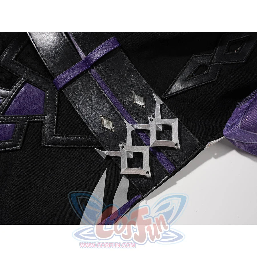 Genshin Impact Pantalone cosplay costume strap buckles layer over black faux leather and purple trim.