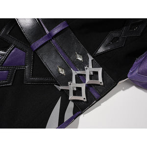 Genshin Impact Pantalone cosplay costume strap buckles layer over black faux leather and purple trim.
