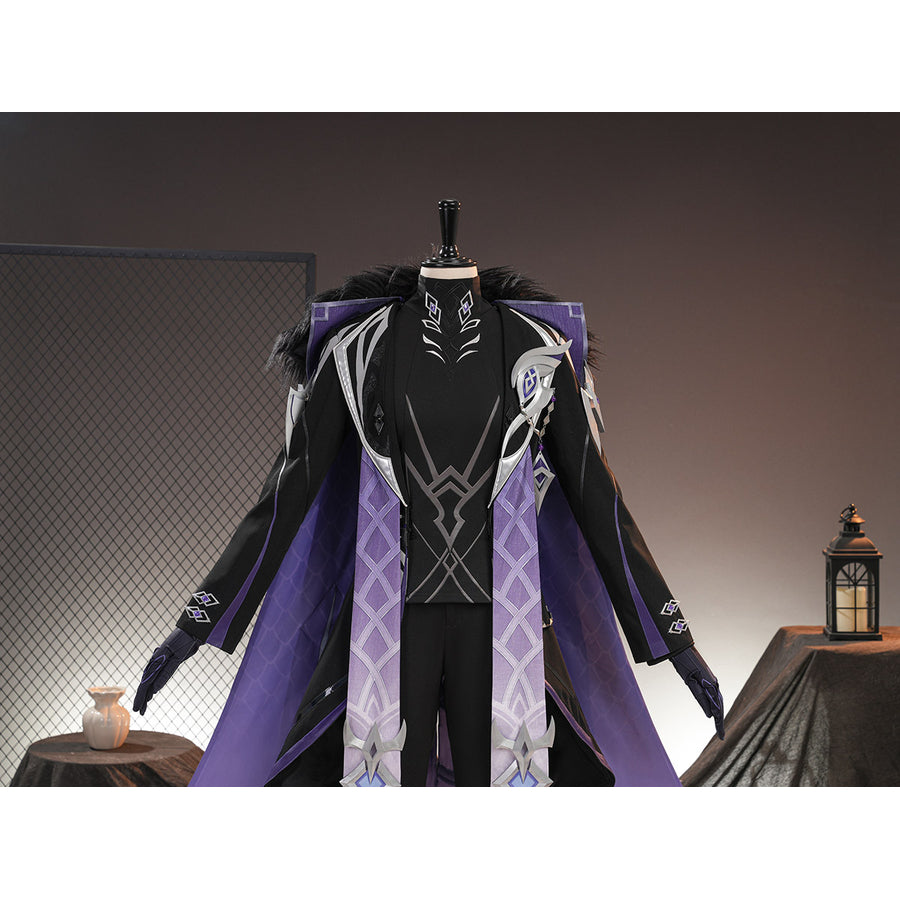 Genshin Impact Pantalone cosplay costume upper view layers silver-tone shoulder trim over purple panels.