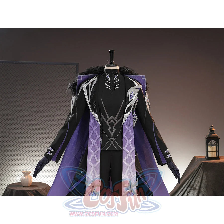 Genshin Impact Pantalone cosplay costume upper view layers silver-tone shoulder trim over purple panels.
