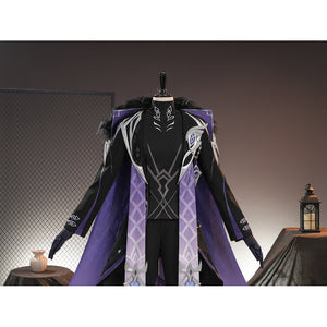 Genshin Impact Pantalone cosplay costume upper view layers silver-tone shoulder trim over purple panels.