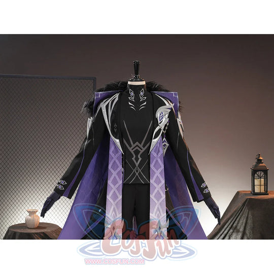 Genshin Impact Pantalone cosplay costume upper view layers silver-tone shoulder trim over purple panels.