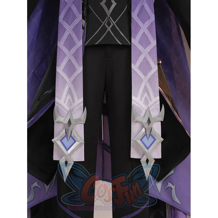 Genshin Impact Pantalone cosplay costume waist drapes fall beside black pants with diamond-shaped ornaments.