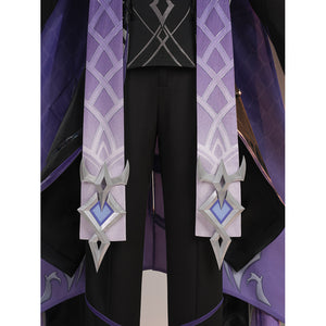 Genshin Impact Pantalone cosplay costume waist drapes fall beside black pants with diamond-shaped ornaments.