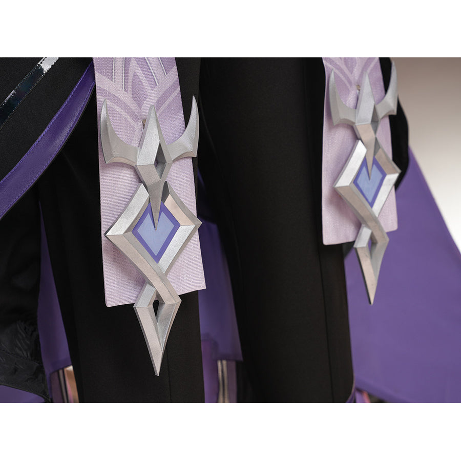 Genshin Impact Pantalone cosplay costume waist ornaments layer over pale purple drapes beside black pants.