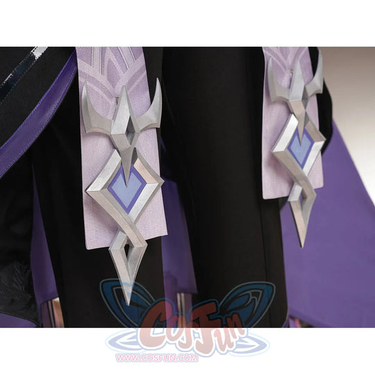 Genshin Impact Pantalone cosplay costume waist ornaments layer over pale purple drapes beside black pants.