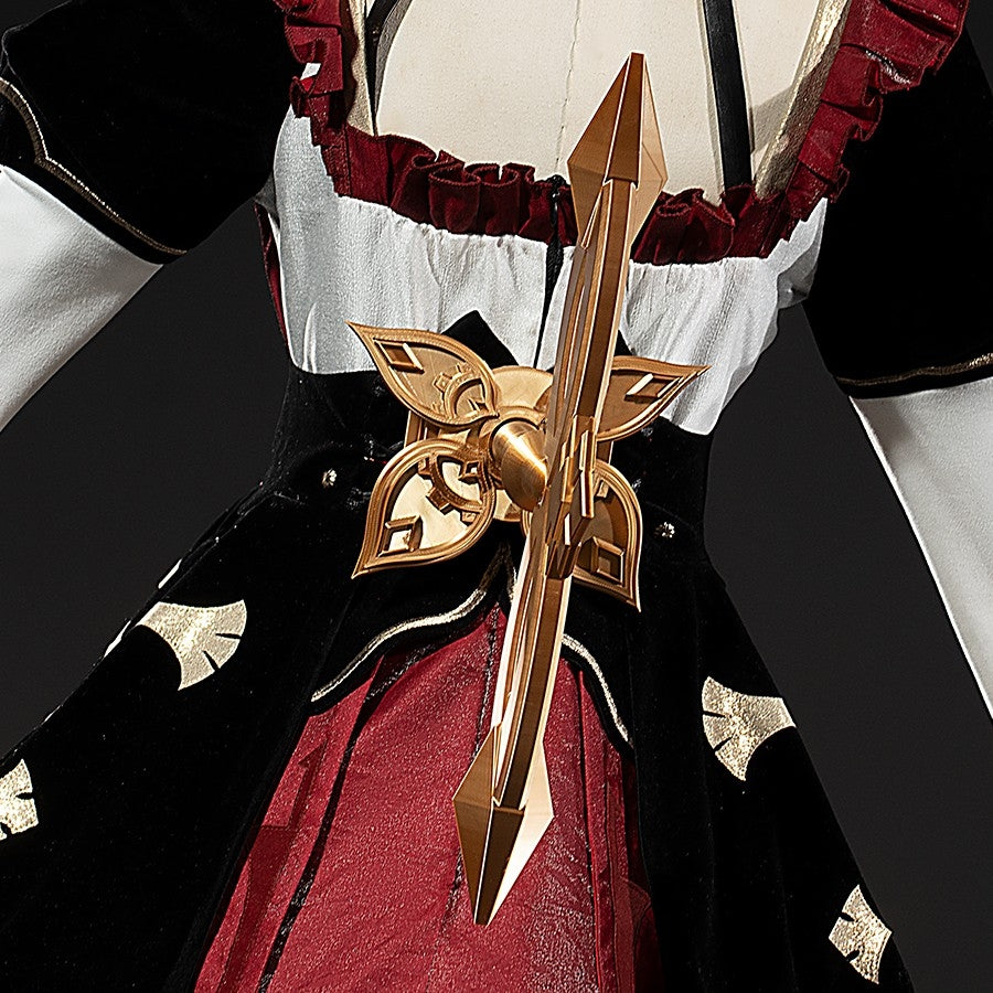 COSFUN Genshin Impact Sandrone cosplay clockwork spring prop extends in a gold-tone arrow shape over red fabric