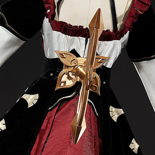 COSFUN Genshin Impact Sandrone cosplay clockwork spring prop extends in a gold-tone arrow shape over red fabric