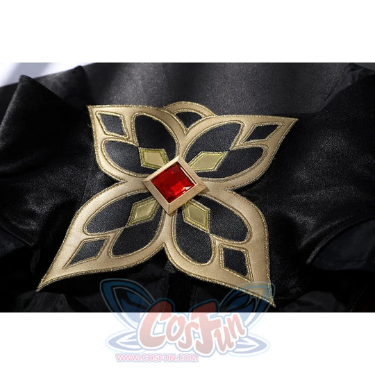 Genshin Impact Sandrone cosplay costume has a gold patterned brocade appliqué with a central red faux gem.
