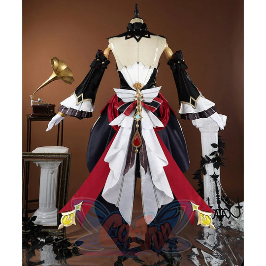Genshin Impact Sandrone cosplay costume has intricate back details with a multi-layered tail and red sashes.