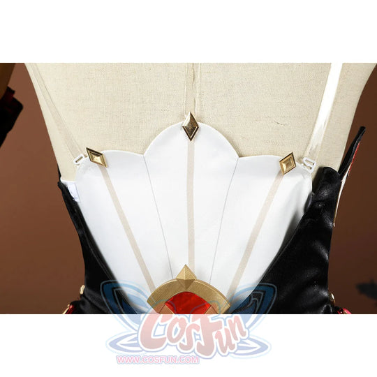 Genshin Impact Sandrone cosplay costume has a white panel with gold studs centering a black V-neck bodice.