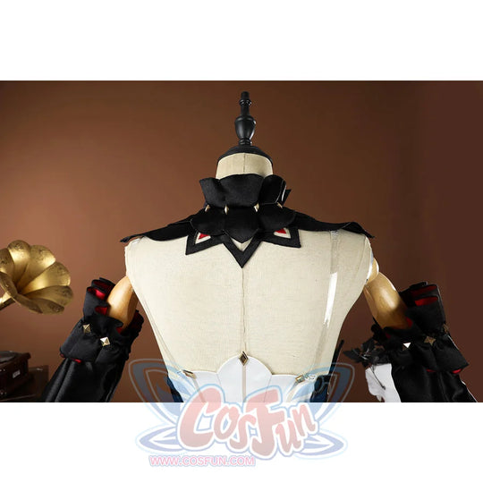 Genshin Impact Sandrone cosplay costume back view pairs black collared capelet with ruffled detachable sleeves.