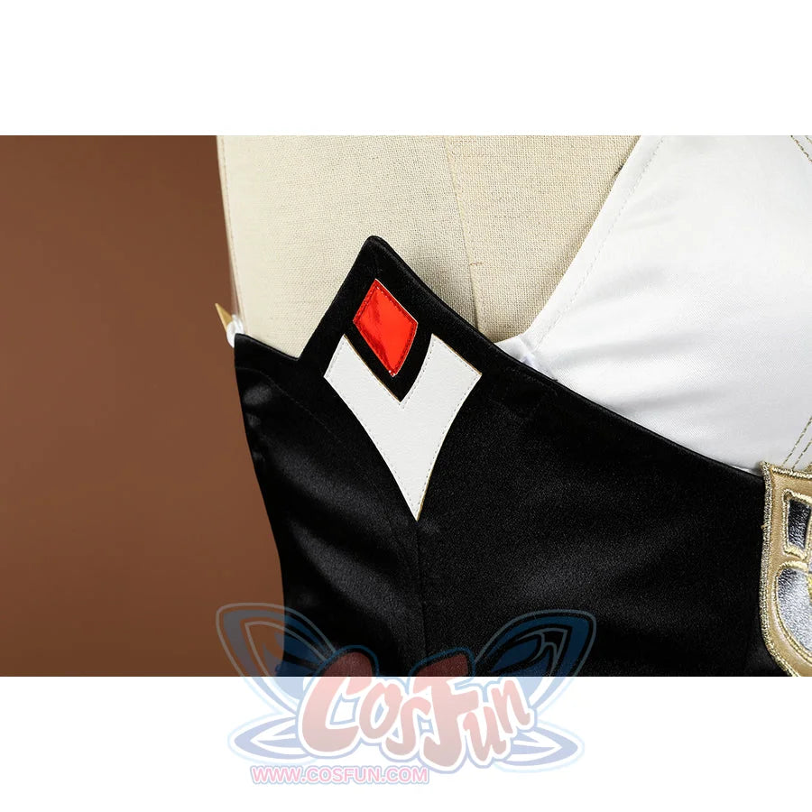 Genshin Impact Sandrone cosplay costume has a black bodice with a sharp white and red geometric collar detail.