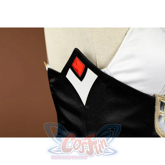 Genshin Impact Sandrone cosplay costume has a black bodice with a sharp white and red geometric collar detail.