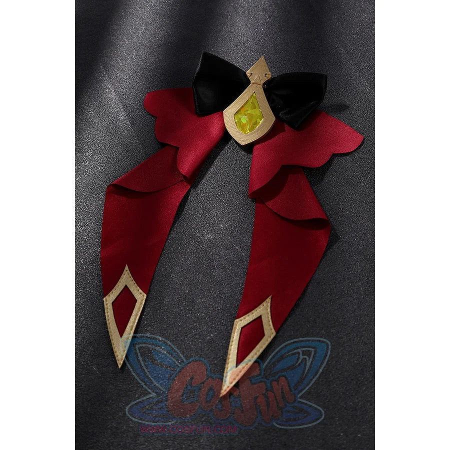 Genshin Impact Sandrone cosplay costume accessory centers a red and black bow with gold diamond-shaped accents.