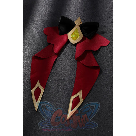Genshin Impact Sandrone cosplay costume accessory centers a red and black bow with gold diamond-shaped accents.