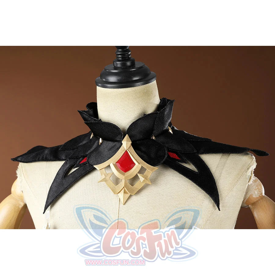 Genshin Impact Sandrone cosplay costume details include a black neckpiece with red accents and a gold pendant.