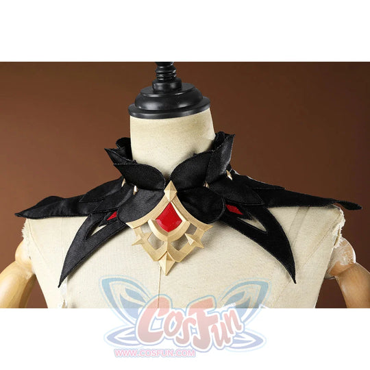 Genshin Impact Sandrone cosplay costume details include a black neckpiece with red accents and a gold pendant.