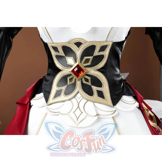 Genshin Impact Sandrone cosplay costume has a black corset with a gold-bordered flower design and a central red gem.