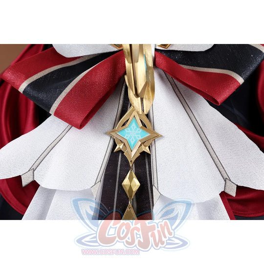 Genshin Impact Sandrone cosplay costume details with red and black bow and white pleated capelet.