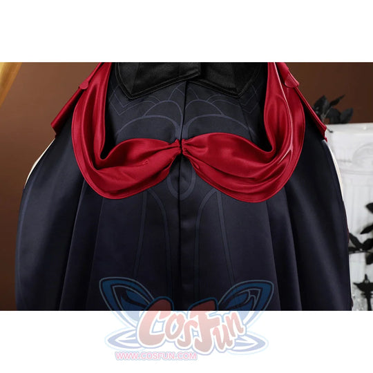 Genshin Impact Sandrone cosplay costume details a black skirt with red satin drapes above pleats.