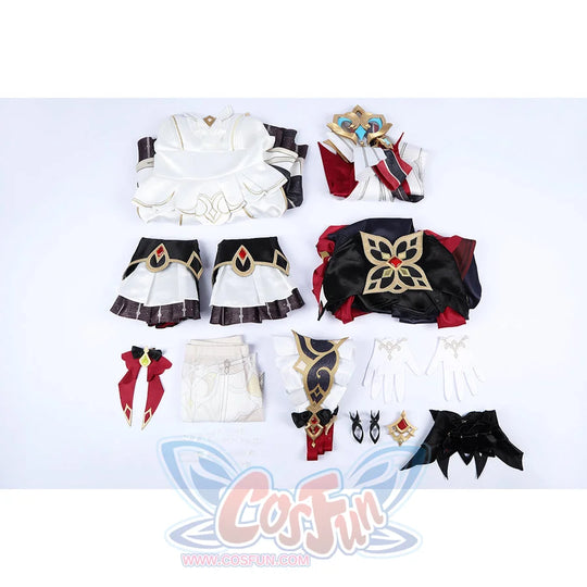 Genshin Impact Sandrone cosplay costume full set with all parts laid flat for a complete visual reference.
