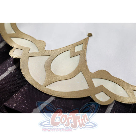 Genshin Impact Sandrone cosplay costume details include a decorative gold trim layered over a dark purple sparkly skirt.