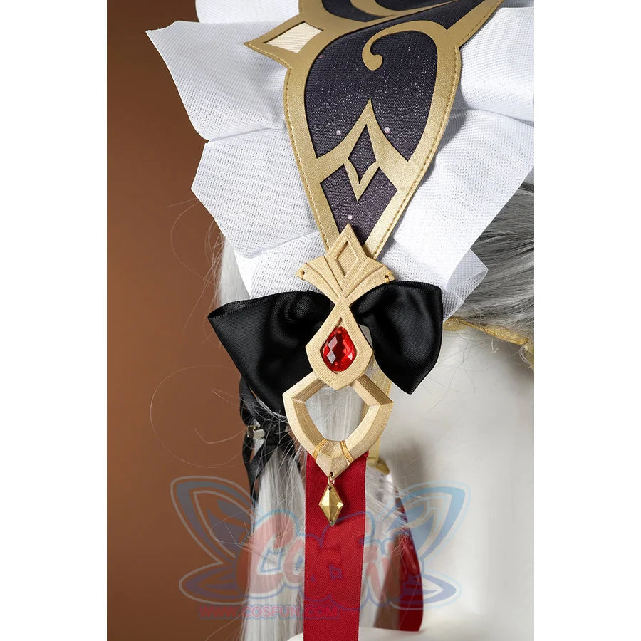 Genshin Impact Sandrone cosplay costume hair accessory details white ruffle gold trim black bow and red gem.