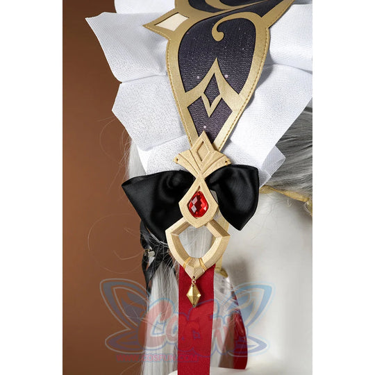 Genshin Impact Sandrone cosplay costume hair accessory details white ruffle gold trim black bow and red gem.
