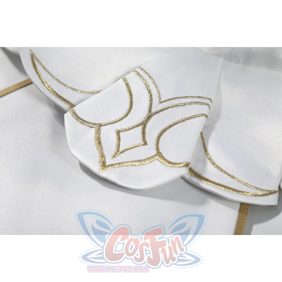 Genshin Impact Sandrone cosplay costume white lapels are layered and centered by a gold embroidered emblem.