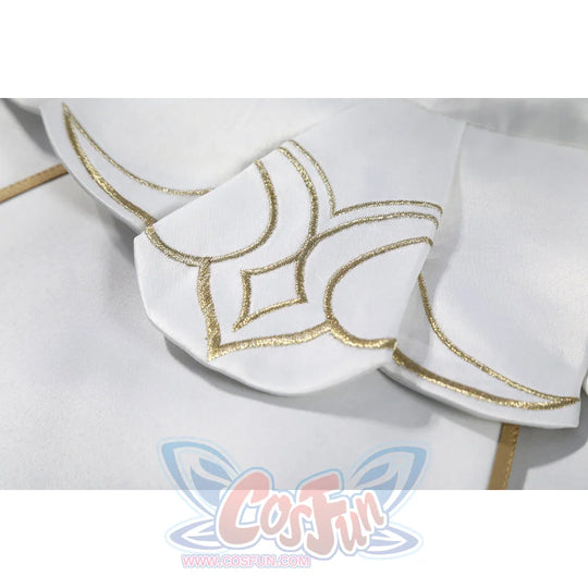 Genshin Impact Sandrone cosplay costume white lapels are layered and centered by a gold embroidered emblem.