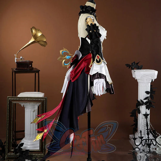 Genshin Impact Sandrone cosplay costume in a detailed side view, layers of red satin and black panels.