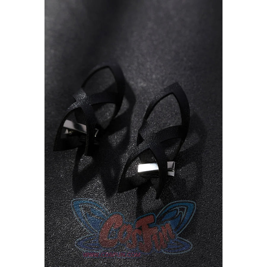 Genshin Impact Sandrone cosplay costume matte black open frame and cross design cuffs with silver back clips.
