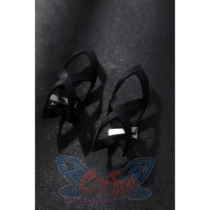 Genshin Impact Sandrone cosplay costume matte black open frame and cross design cuffs with silver back clips.